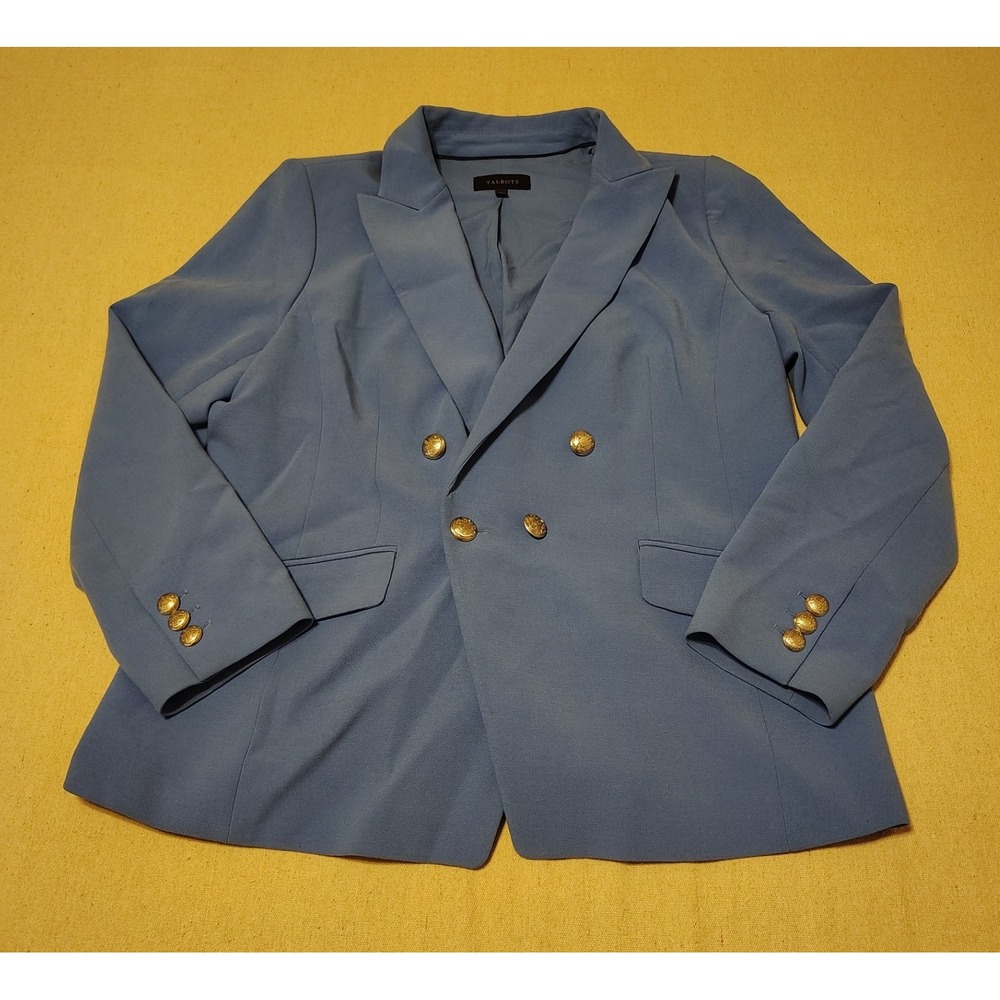 Talbots Womens Blue Double Breasted Blazer Gold Crest Button Jacket Size 14